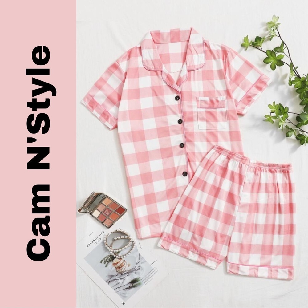 New White & Red Plaid Shorts Pajama Set - Picture 1 of 5